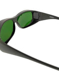 Wrap Around Welding Glasses Featuring Grippy Strap And Scratch Resistant Lenses For Laser Hair Removal Safety Plus UV Blocking Eye Shield showing green tinted lenses and sleek frame design.