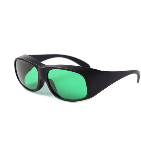 Heavy Duty Laser Protective Glasses Provide Knockout Eye Defense For Red Semiconductor Projects And Nd Yag Workshops With Straight Up Comfort Seal Optical Density Filter, black frame with green lenses.