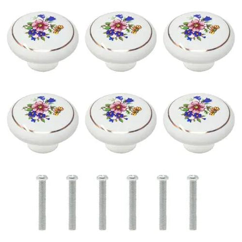 Snag These Knockout Hand Painted Ceramic Knobs Six Piece Set For Kitchen Cabinets Dressers Smooth Touch Easy Install Hardware Killer Vintage Style Pulls, features six porcelain knobs with floral designs.