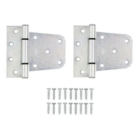 Extra Heavy Duty Gate Hinges Zinc Plated 2 Pack with T Hinges and Mounting Hardware for outdoor use on wood, steel, vinyl gates.
