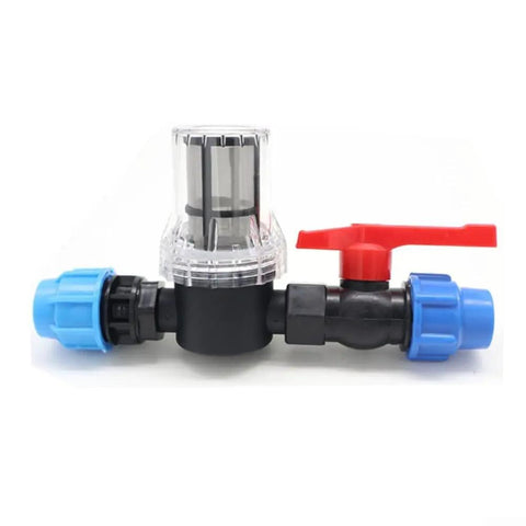 Universal Hose Connector and Drip Irrigation Adapter With 80 Mesh Water Filter For 20mm 25mm And 32mm Plastic Pipes Garden Drip Quick Connector Easy Clean Filtration For Long Lasting Performance, black plastic with blue ends and red valve