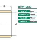 IR 9X12X12 metric needle roller bearing diagram with dimensions in mm, featuring hardened bearing steel construction.