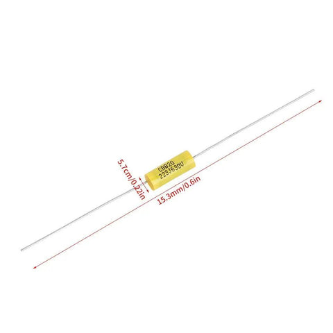 Top Shelf Polyester Film Capacitor Kit 630V 0.022uF Axial Leads, single yellow axial capacitor with thin leads, ideal for vintage audio gear.