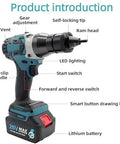 Badass 2 In 1 Cordless Rivet Nut Gun With Beast Mode 26V 5200mAh Battery showcasing gear adjustment, LED lighting, and lithium battery.