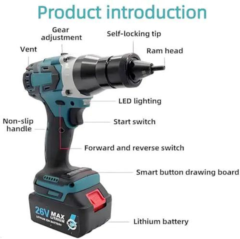 Top Shelf Cordless Electric Rivet Nut Gun With Automatic Action And M3 To M12 Fasteners Comes With Dual Battery Packs, showing gear adjustment and LED lighting.