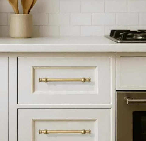 10 Pack 3 1/2 Inch Hole Center Brushed Brass Cabinet Pulls Solid Heavy Duty Drawer Handles For Kitchen Bathroom Furniture installed on white drawers.