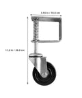 Heavy Gauge Four Inch Gate Roller Caster Wheel Featuring Flexible Spring Bracket System For Rock Solid Stability And Smooth Gliding Action On Rough Ground, showing spring bracket and black wheel.
