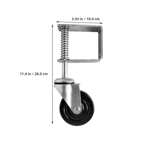 Heavy Gauge Four Inch Gate Roller Caster Wheel Featuring Flexible Spring Bracket System For Rock Solid Stability And Smooth Gliding Action On Rough Ground, showing spring bracket and black wheel.