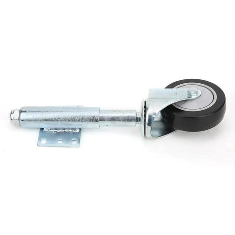 Four Inch Spring Loaded Castor With Shock Absorbing Black Pvc Wheel, featuring sturdy metal mounting plate and smooth rolling.