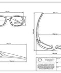 Technical drawing of Badass CO2 Laser Safety Glasses Featuring Kickass Black Wraparound Frames dimensions and views for workshop pros.