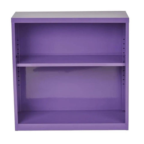 Dope Purple Metal Bookcase Rock Solid Steel Construction Two Adjustable Shelves Fully Assembled front view empty.