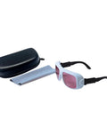 Catch These Dope Near Infrared Laser Safety Glasses For Serious Eye Protection With OD5 Plus Clarity For Any Casual Hobbyist Or Pro Workshop Project You Run Daily, white-framed glasses with pink lenses and case.