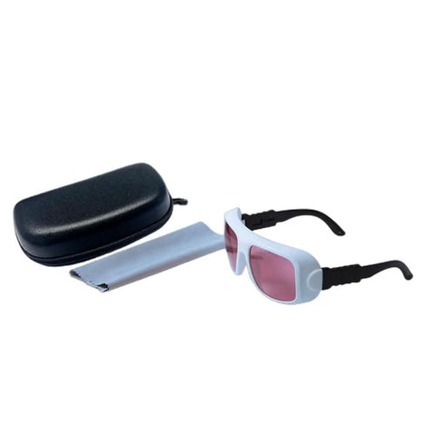 Catch These Dope Near Infrared Laser Safety Glasses For Serious Eye Protection With OD5 Plus Clarity For Any Casual Hobbyist Or Pro Workshop Project You Run Daily, white-framed glasses with pink lenses and case.