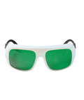 Badass Multi Wave Laser Safety Glasses Featuring Hella High Optical Density Eye Shielding For Blue Red And Near Infrared Light Lab And Workshop Approved Gear That Is Totally Legit Daily with green lenses and white frame.