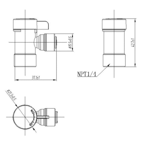 Top Shelf 10 Pack Of 1/4 Inch Push To Connect Ball Valves With Npt Threads and Female Elbow Shutoff Fittings for RO systems, detailed technical drawing.