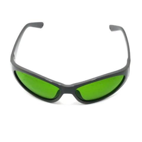 Heavy Duty Infrared Laser Safety Eyewear Providing Sweet Optical Density Ratings And Broad Waveband Coverage From Seven Forty To Eleven Hundred Nanometers With Snug Wraparound Design And Tight Build For Hardcore Trade Work, green lens and gray frame.