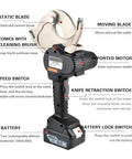Knuckle Saving Cordless Battery Powered Wire Cutters Featuring Smooth Ratchet Mechanism For Thick Copper And Aluminum Cable Cutting. Detailed view including blade, motor, and settings.