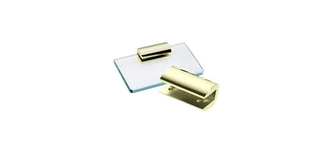 Professional Grade Heavy Duty Gold Plated No Drill Long Shelf Clamp For Half Inch Tempered Glass with a tight grip on clear glass.