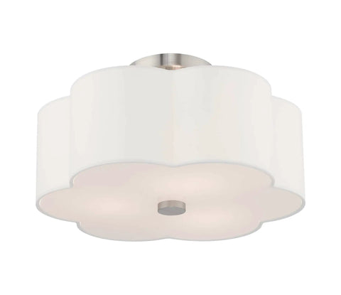 Three Light Brushed Nickel Ceiling Mount Fixture With Clover Shaped Off White Shade Modern Yet Classic Look For Kitchen Island Hallways Or Dining Room Bulbs Not Included