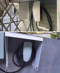 Rugged Outdoor Wall Mount EV Charger Enclosure Shields Tesla Cables During Heavy Rain Hella Waterproof Housing Blocks Wind And Freezing Temperatures Keeps Plugs Safe Now with visible plug and cord in a protective metal case.