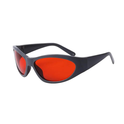 Badass Laser Safety Eyewear With Heavy Duty OD7 Protection For Ultraviolet And Green Laser Exposure Featuring sleek black frame and red lenses.