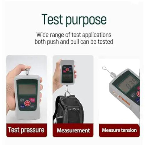 Top Shelf Digital Force Gauge With Slick Backlit Screen And Knockout Precision For Beefy Push Pull Testing Up To Five Hundred Newtons Or One Hundred Ten Pounds Max Capacity in use measuring pressure and tension.