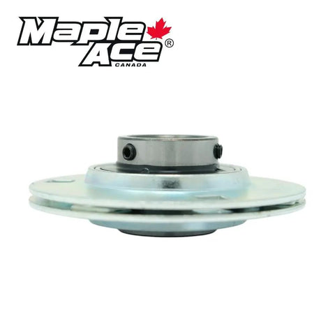 Rock Solid Pillow Block Bearing With Round Flange 3-Bolt Housing And 1-1/8 Inch Bore, zinc coated, viewed from the side.