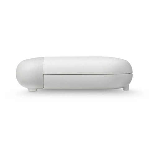 Side view of Smart WiFi Water Leak Sensor With Freeze Detector And Humidity Monitoring for home use, white compact device shown.