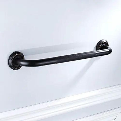Rock Solid 12 Inch Grab Bar Hella Secure Non Slip Handle Oil Rubbed Bronze Heavy Duty Safety Support Rail For Tub And Walk In Shower Bathroom mounted on a wall.