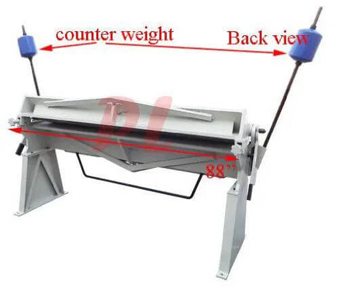 Back view of 80 Inch Pan And Box Brake Bender For Metal Fabrication with counterweights, 12 Gauge Mild Steel Capacity, removable legs visible.