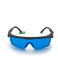 Premium He Ne Laser Safety Glasses 632.8Nm Hella Clear Lenses EN207 Certified Eye Protection with blue lenses and black frames.