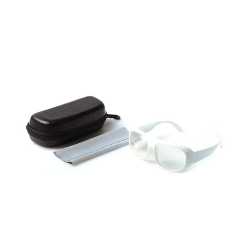 Pro Laser Safety Glasses with Crisp Clear Lenses guarding your eyes with a protective case and cleaning cloth.