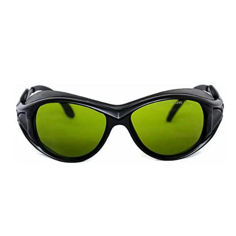 Kickass Wide Spectrum Laser Safety Glasses Offering Hella Tough OD5 Protection And Industrial Pc Lens Build For Complete 190 Nm To 1700 Nm Eye Coverage, black frame with green lenses.