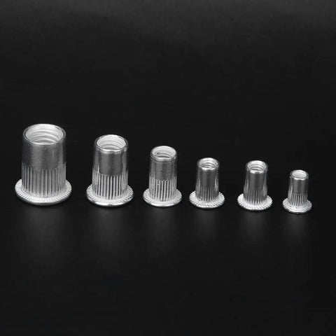 Beefy Aluminum Rivet Nut Kit M3 To M8 Threaded Inserts for Sheet Metal displayed in size order on black background