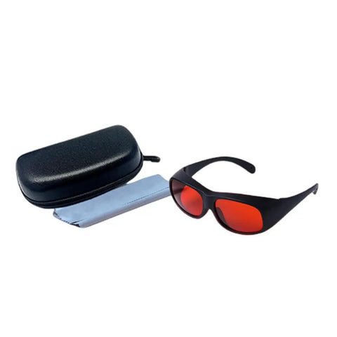 Slick Laser Safety Goggles Featuring Badass OD7 Plus Optics, black frames with deep red lenses, case, and cleaning cloth.