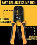 Badass 15-In-1 Network Tool Kit 2 Pack Heavy Duty Ethernet Crimper for Cat5 Cat6 Cables with Builder Tester Wire Stripper Punch Down Screwdriver Durable Carry Case showing ergonomic crimp tool with steel body.