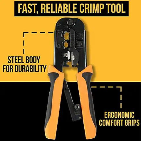 Badass 15-In-1 Network Tool Kit 2 Pack Heavy Duty Ethernet Crimper for Cat5 Cat6 Cables with Builder Tester Wire Stripper Punch Down Screwdriver Durable Carry Case showing ergonomic crimp tool with steel body.