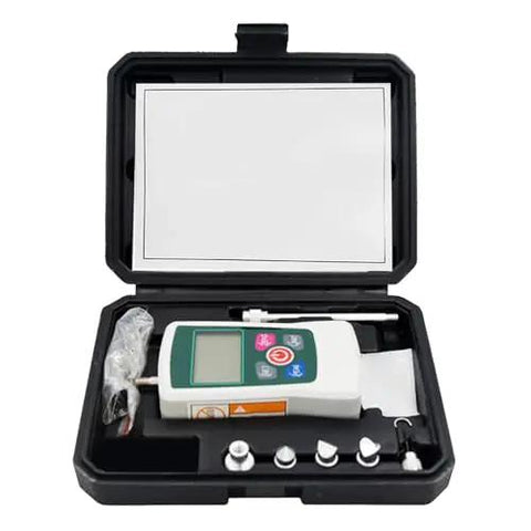 Top Shelf Digital Force Gauge With Slick Backlit Screen And Knockout Precision For Beefy Push Pull Testing Up To Five Hundred Newtons Or One Hundred Ten Pounds Max Capacity in carrying case.