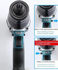 26V Cordless Rivet Nut Gun Kit With Battery M3 Through M12 Electric Riveter handle and buttons for forward and reverse rotation.