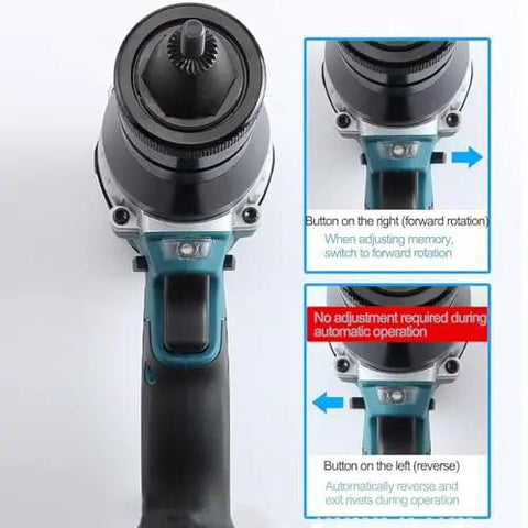 Cordless Electric Rivet Nut Gun Set With 26V Battery Heavy Duty Automatic Fastening Tool close-up of control buttons and grip.