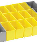Yellow 17-Piece Organizer Set For L-BOXX-1A With Click And Go Mobile Transport System showing stacked modular compartments.