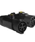 Plug And Play Type 1 To Type 2 EV Charging Adapter J1772 To IEC62196 Supports 32A with black connectors and yellow buttons.