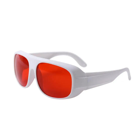 High Grade Professional Laser Safety Glasses Built Like A Tank With Od7 Optical Density Blocking 180 To 534Nm Spectra side view in white frame with red lenses.