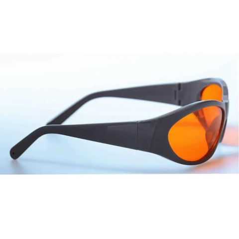 Badass Blue and Green Laser Safety Glasses with OD 5 Plus Protection Covering 266 355 515 532 Nanometers CE EN 107 Model GHP 55 side view with orange lenses.