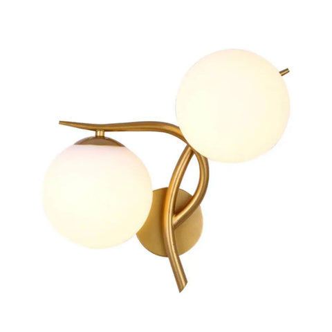 Retro Industrial Double Head Wall Sconce With Brushed Gold Accents And Crisp White Glass showcasing two globes and sleek gold mount.