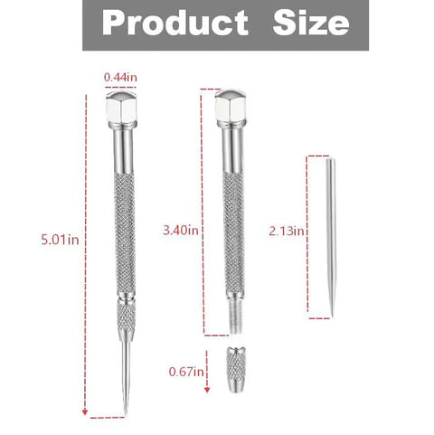 Heavy Duty Tungsten Carbide Metal Scribe Set For Razor Sharp Marking On Glass Ceramic And Steel With A Tough As Nails Knurled Handle Hex Anti Roll Shaft Two Piece Precision Engraving Tool size infographic showing measurements.