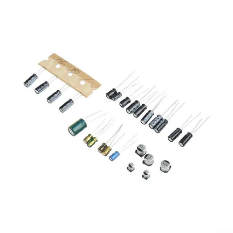 Top Shelf Motherboard Repair Kit With Assorted Capacitors features 25 assorted metal capacitors on a labeled tray for PCB repairs.