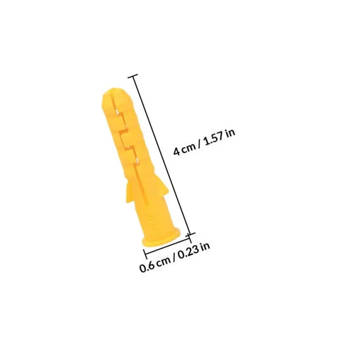 Single yellow ribbed plastic wall anchor with measurements, part of 200 Pack Yellow Plastic Wall Anchors Kit Self Drilling Ribbed Anchors.