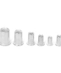 Six aluminum rivet nuts in varying sizes from the Beefy Aluminum Rivet Nut Kit M3 To M8 Threaded Inserts For Sheet Metal display.