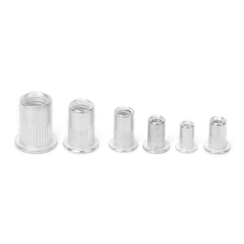 Six aluminum rivet nuts in varying sizes from the Beefy Aluminum Rivet Nut Kit M3 To M8 Threaded Inserts For Sheet Metal display.